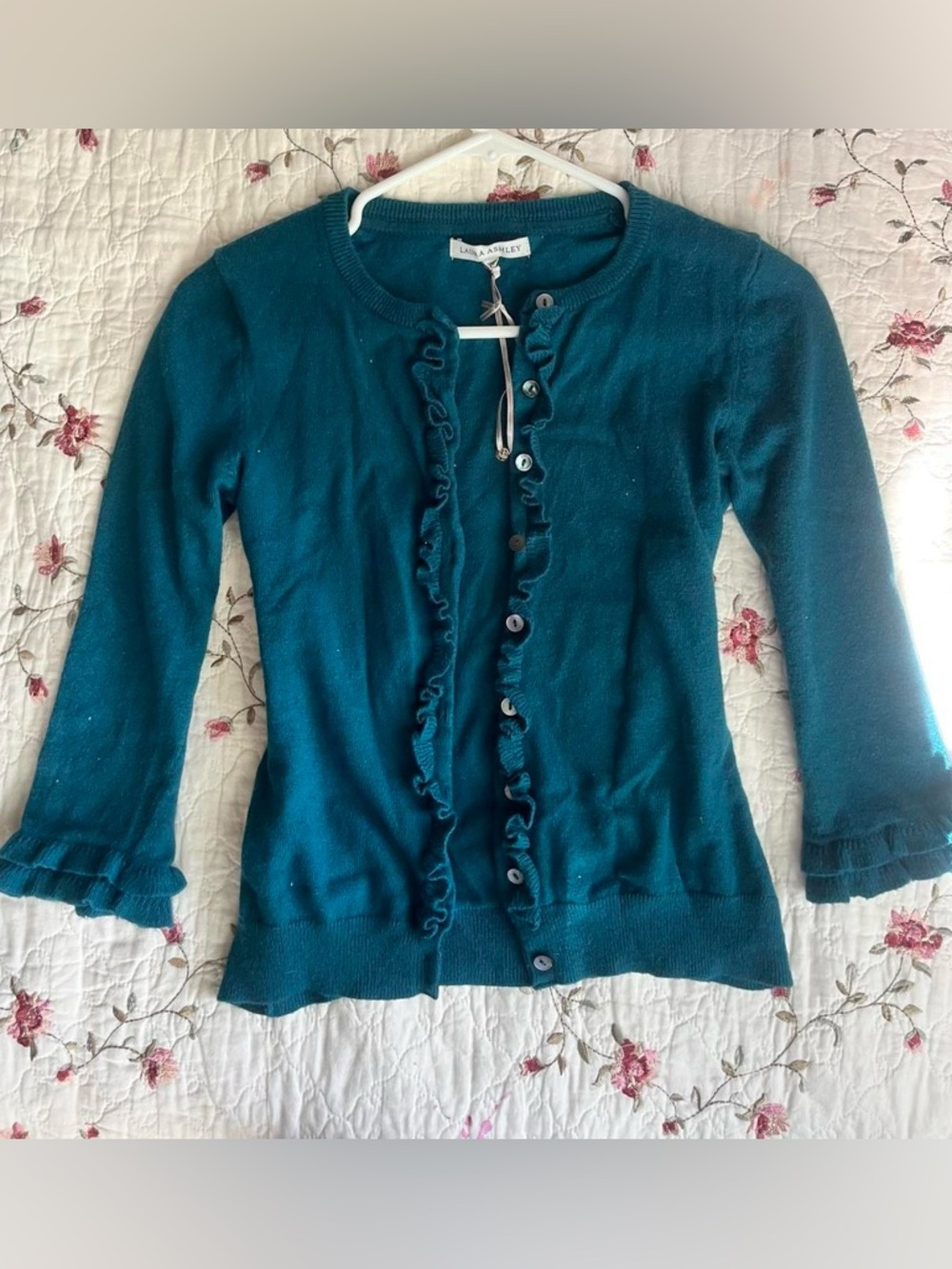 Laura Ashley Teal 3/4 Sleeve Ruffle Cardigan with Shell Buttons